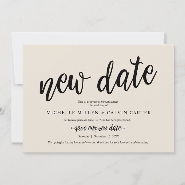Postponed Wedding, New Date, Cream, Announcement (Front)