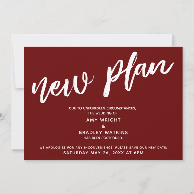 Postponed Wedding New Plan Burgundy Announcement (Front)