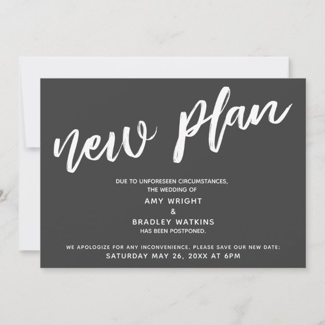 Postponed Wedding New Plan Dark Grey Announcement (Front)