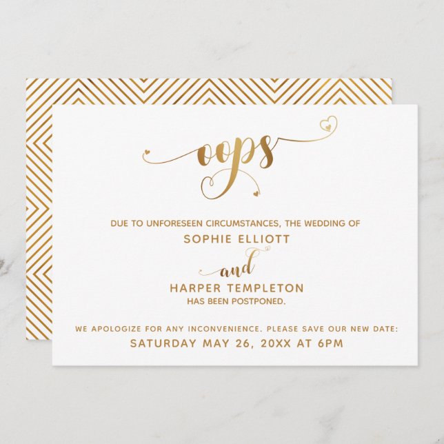 Postponed Wedding "Oops!" Gold Hearts Script Invitation (Front/Back)