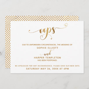 Postponed Wedding "Oops!" Gold Hearts Script Invitation