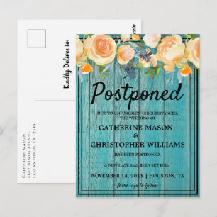 Postponed Wedding Rustic Blue Wood Floral Postcard