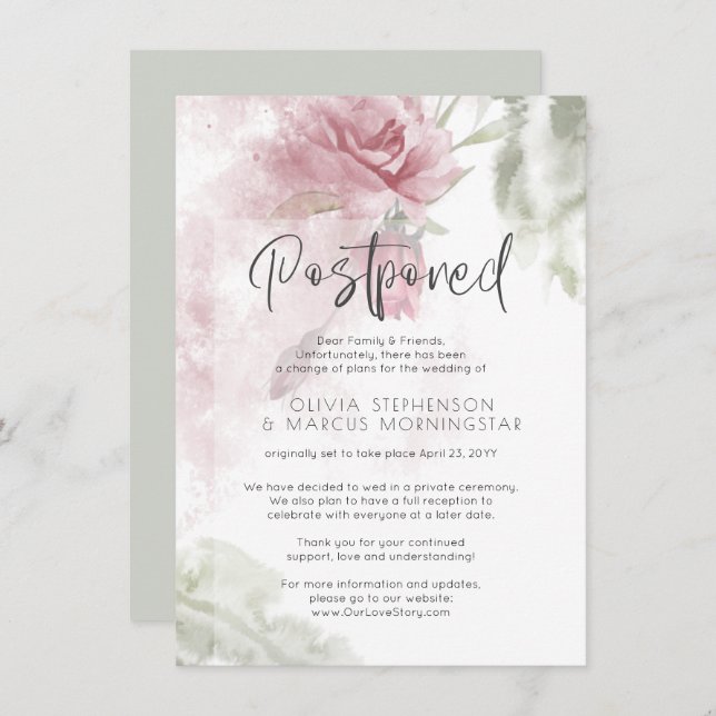 Postponed Wedding Watercolor Dusty Rose Pink Flora Invitation (Front/Back)