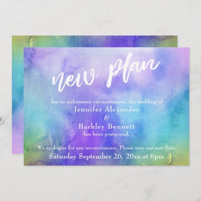 Postponed Wedding Watercolor Wash "New Plan" Card (Front/Back)