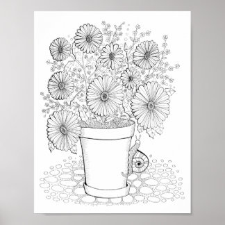 Pot of Daisies Art Colouring Page Art Poster