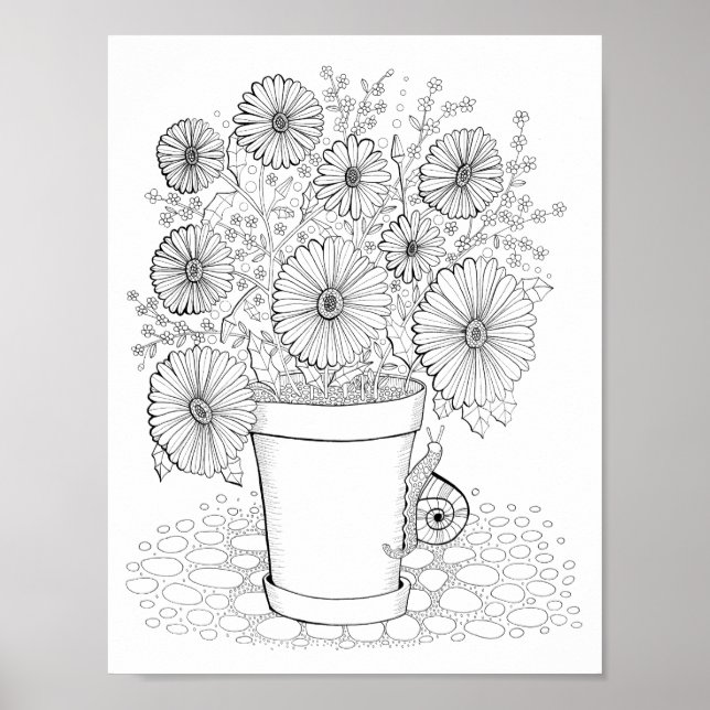 Pot of Daisies Art Colouring Page Art Poster (Front)