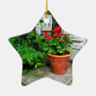 Pot of Geraniums on Stoop Ceramic Ornament
