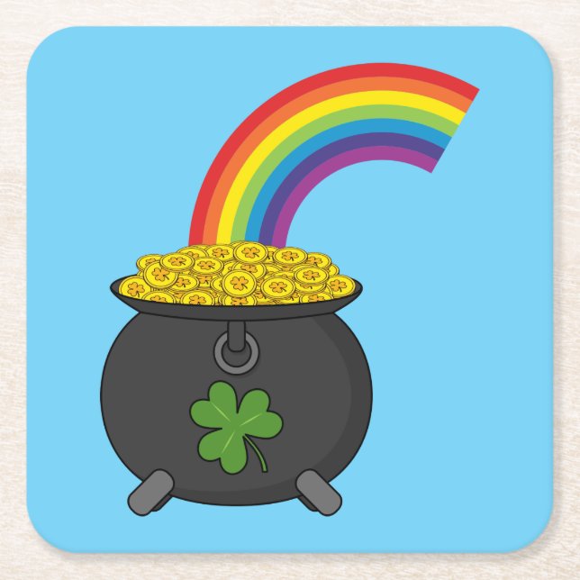 Pot of Gold Rainbow Cartoon Square Paper Coaster (Front)