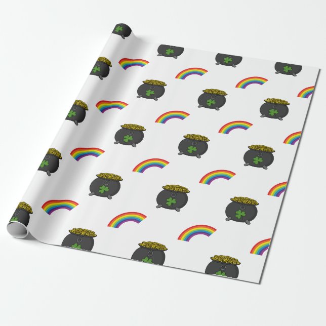 Pot of Gold Rainbow Cartoon Wrapping Paper (Unrolled)