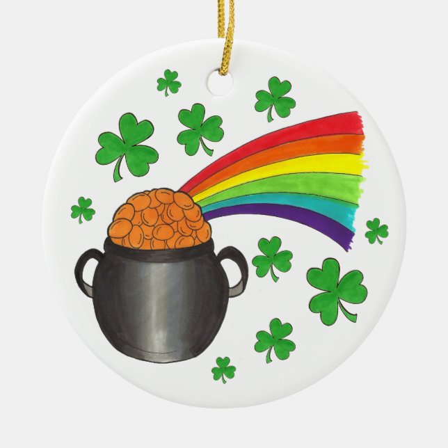 Pot of Gold Rainbow Lucky Shamrock Clover Ceramic Ornament (Front)