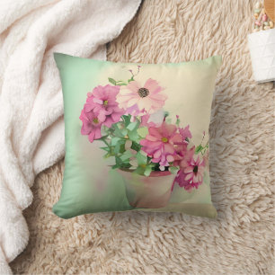 Pot of Pink Watercolor Flowers Cushion