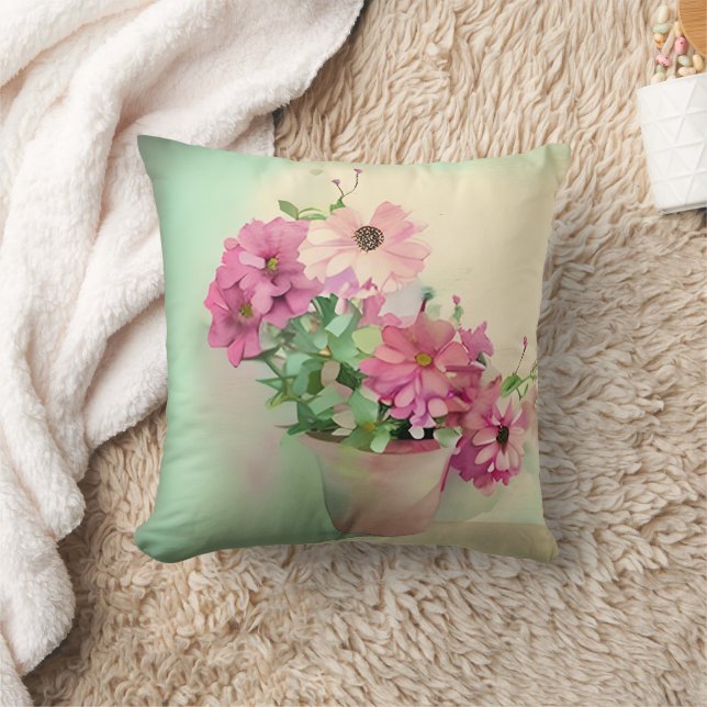 Pot of Pink Watercolor Flowers  Cushion (Blanket)
