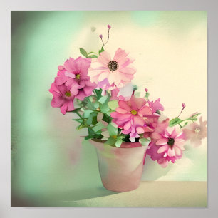 Pot of Pink Watercolor Flowers Poster