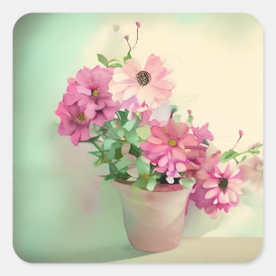 Pot of Pink Watercolor Flowers  Square Sticker