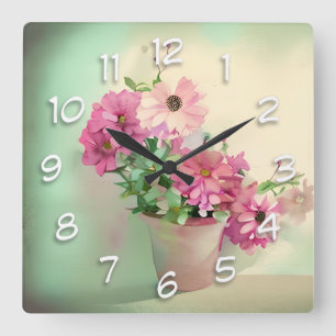 Pot of Pink Watercolor Flowers  Square Wall Clock