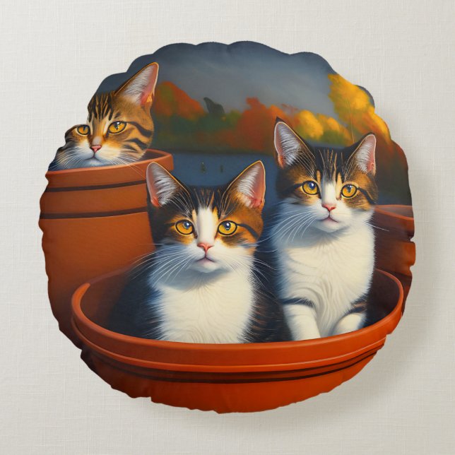 Pot Plant Kittens, Round Cushion (Front)