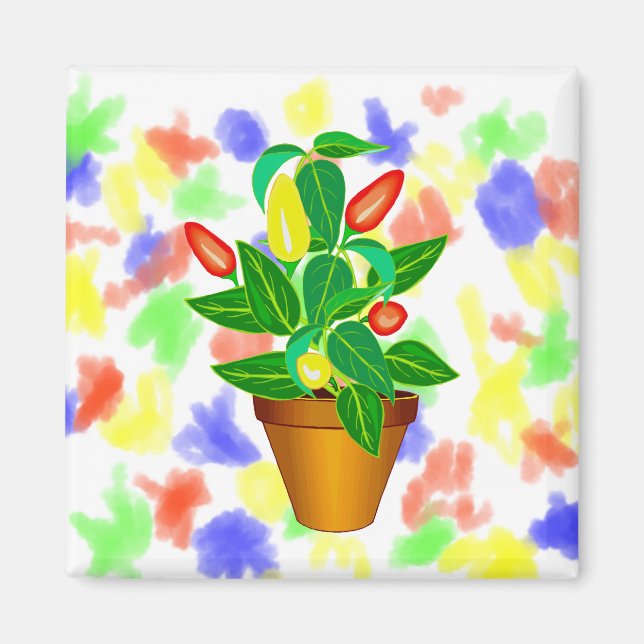 Pot with red and yellow pepper plant magnet (Front)