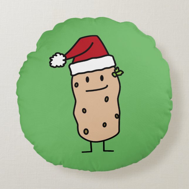 Potato Potatoes wearing Christmas Santa Hat Happy Round Cushion (Front)