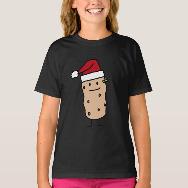 Potato Potatoes wearing Christmas Santa Hat Happy T-Shirt (Front)