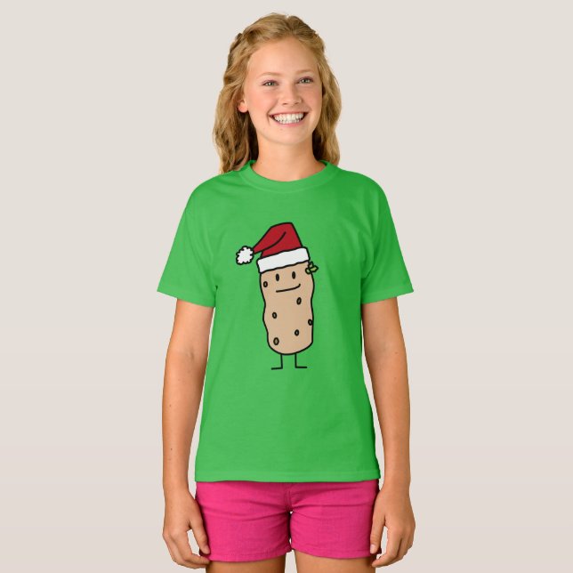 Potato Potatoes wearing Christmas Santa Hat Happy T-Shirt (Front Full)