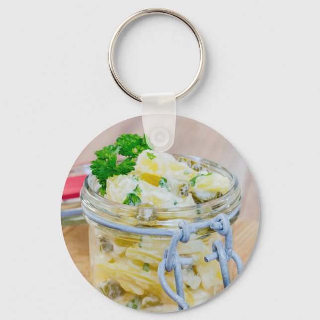 Potato salad in a jar on wooden key ring (Front)