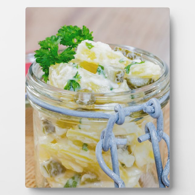 Potato salad in a jar on wooden plaque (Front)