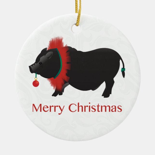Potbellied Pig Merry Christmas Design Ceramic Ornament (Front)