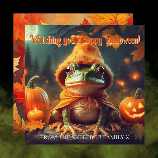 Potion-Master Apprentice Whimsical Frog Halloween Card (Witch Frog Orange Pumpkin Spooky Cute Halloween card Autumn Leaves Family Halloween Witchy Aesthetic)