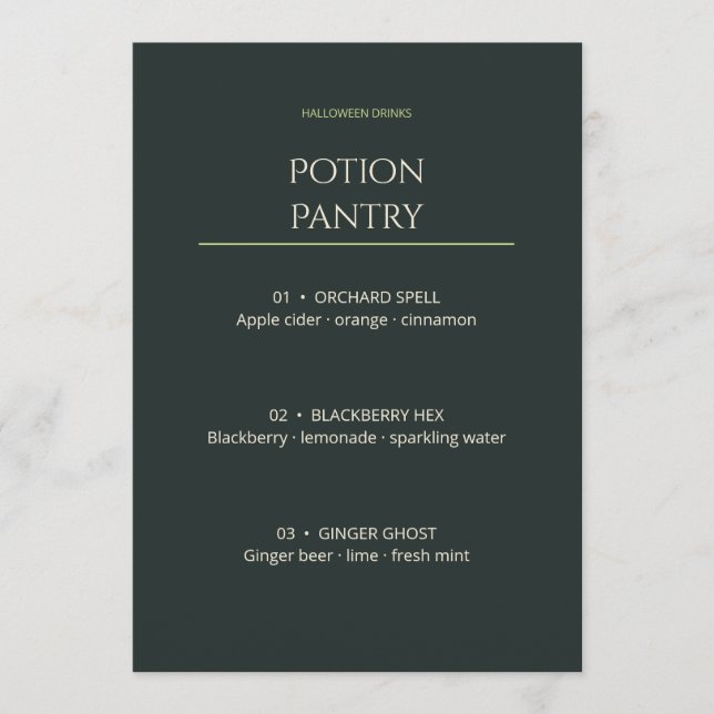 Potion Pantry Editable Halloween Drinks Menu Card (Front)