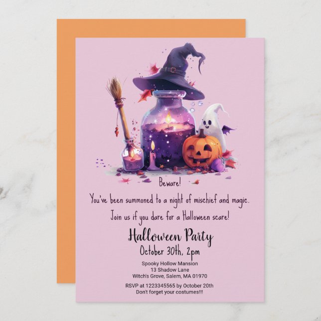 Potions Pumpkin Ghost Witch Hat Halloween Party  Invitation (Front/Back)