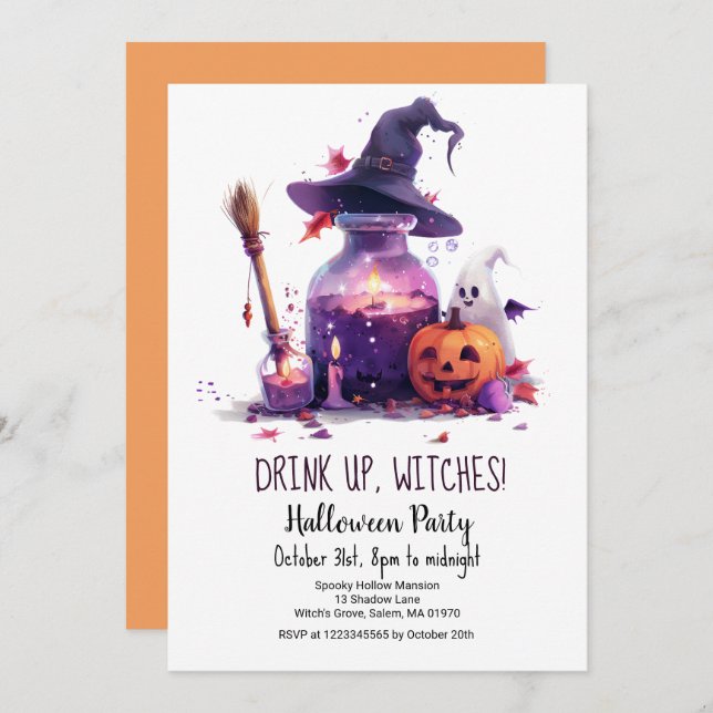Potions Pumpkin Ghost Witch Hat Halloween Party  Invitation (Front/Back)