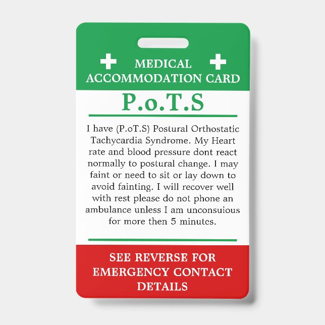 PoTS In Case of Emergency ICE invisible illness ID Badge (Front)
