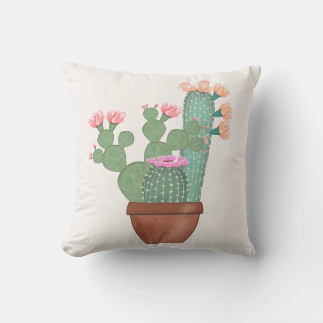 Potted Blooming Cactus Watercolor Cushion (Front)
