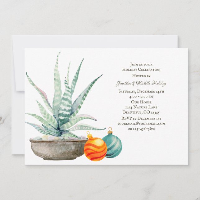 Potted Cactus and Christmas Ornaments Holiday Invitation (Front)