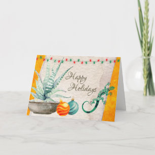 Potted Cactus, Gecko and Christmas Ornaments Holiday Card