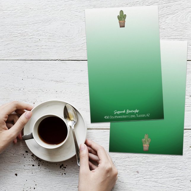 Potted Cactus Green Ombre Template Double Sided Stationery (Creator Uploaded)