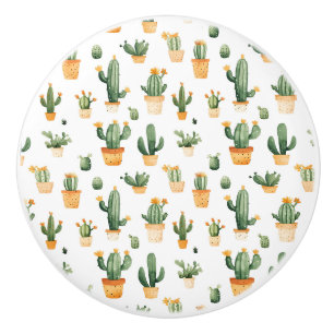 Potted Cactus on White Ceramic Knob