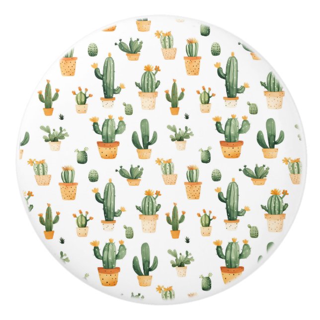 Potted Cactus on White Ceramic Knob (Front)