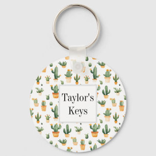 Potted Cactus on White Key Ring