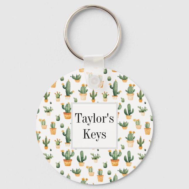 Potted Cactus on White Key Ring (Front)