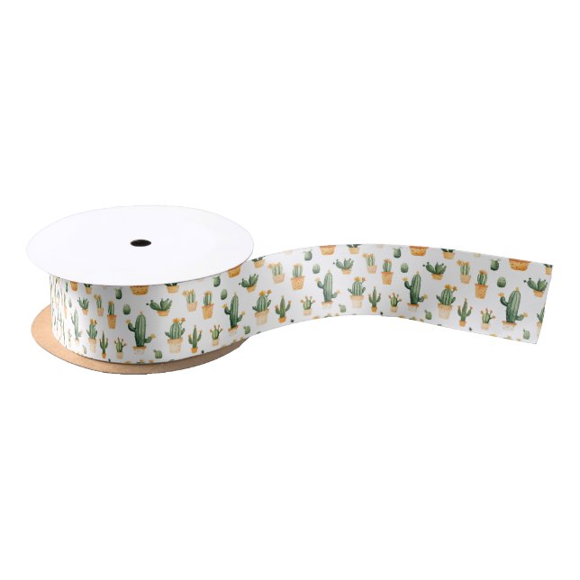 Potted Cactus on White Ribbon Satin Ribbon (Spool)