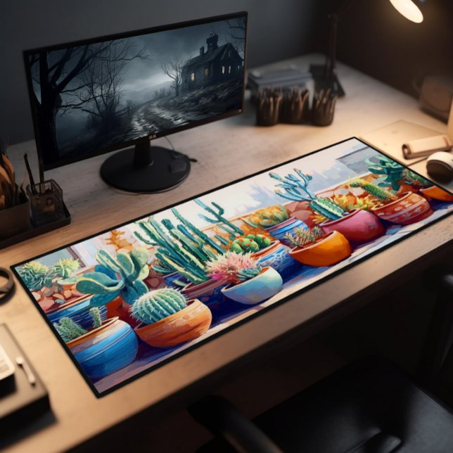 Potted Cactus Plants Whimsical Painting Large Desk Mat (Creator Uploaded)