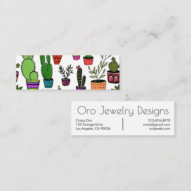 Potted Cactus & Succulents Boho Line Art Pattern Mini Business Card (Front/Back)