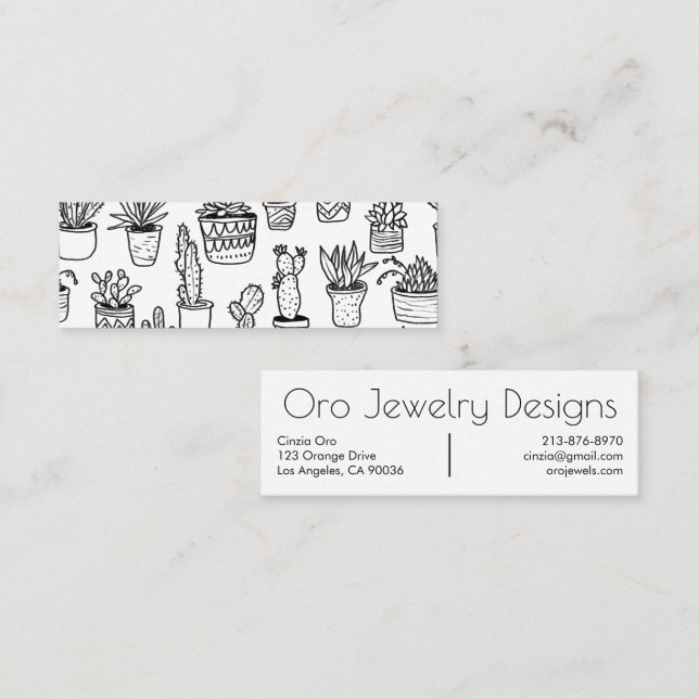 Potted Cactus & Succulents Boho Line Art Pattern Mini Business Card (Front/Back)