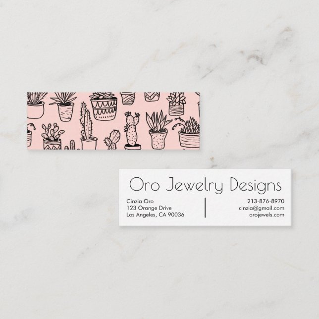Potted Cactus & Succulents Boho Line Art Pattern Mini Business Card (Front/Back)