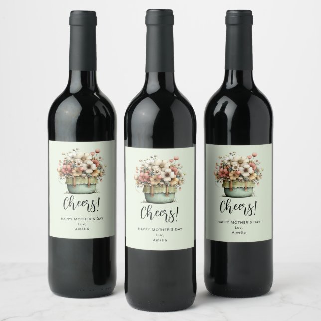 Potted Flowers Cosy Shabby Style Cute Mother's Day Wine Label (Bottles)