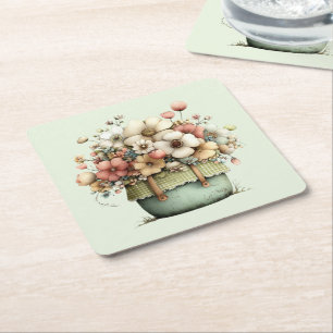 Potted Flowers Cosy Shabby Style Cute Square Paper Coaster