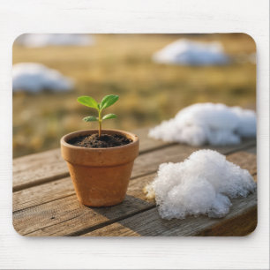 Potted Green Plant with Melting Snow Mouse Pad