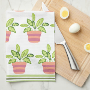 Potted Greenery Striped Trim Kitchen Towels