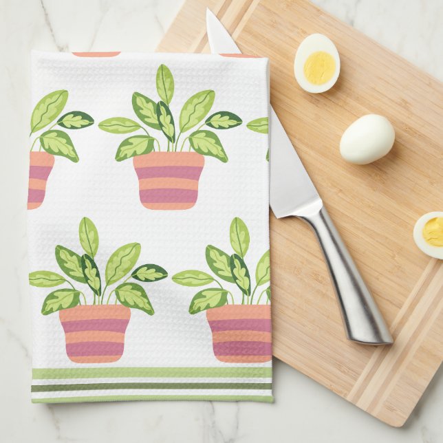 Potted Greenery Striped Trim Kitchen Towels (Quarter Fold)